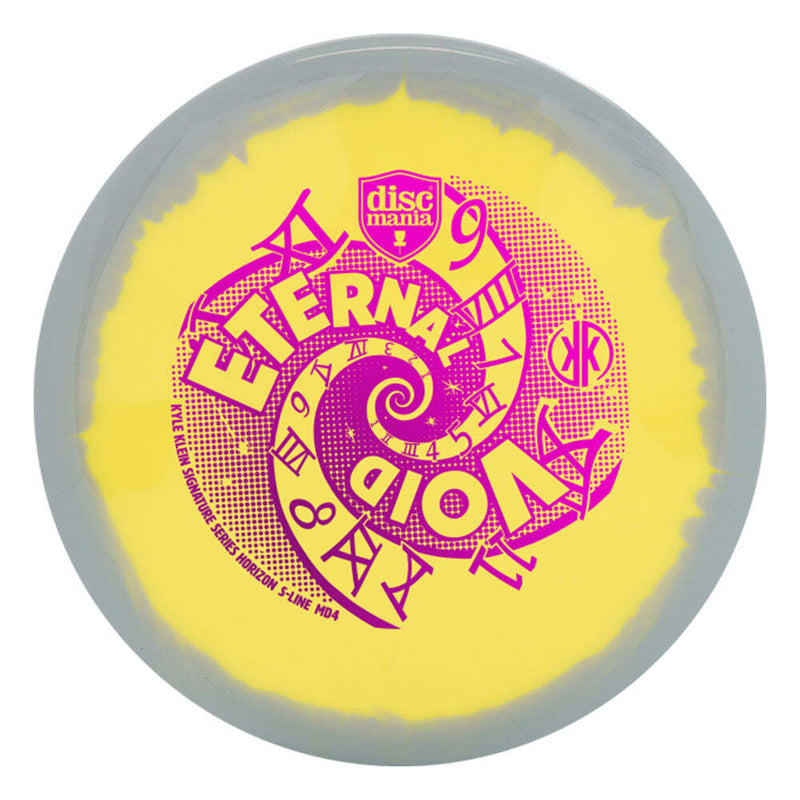 Discmania Horizon S-Line MD4 midrange disc, Kyle Klein 2024 Signature Series "Eternal Void" stamp, yellow disc with gray rim