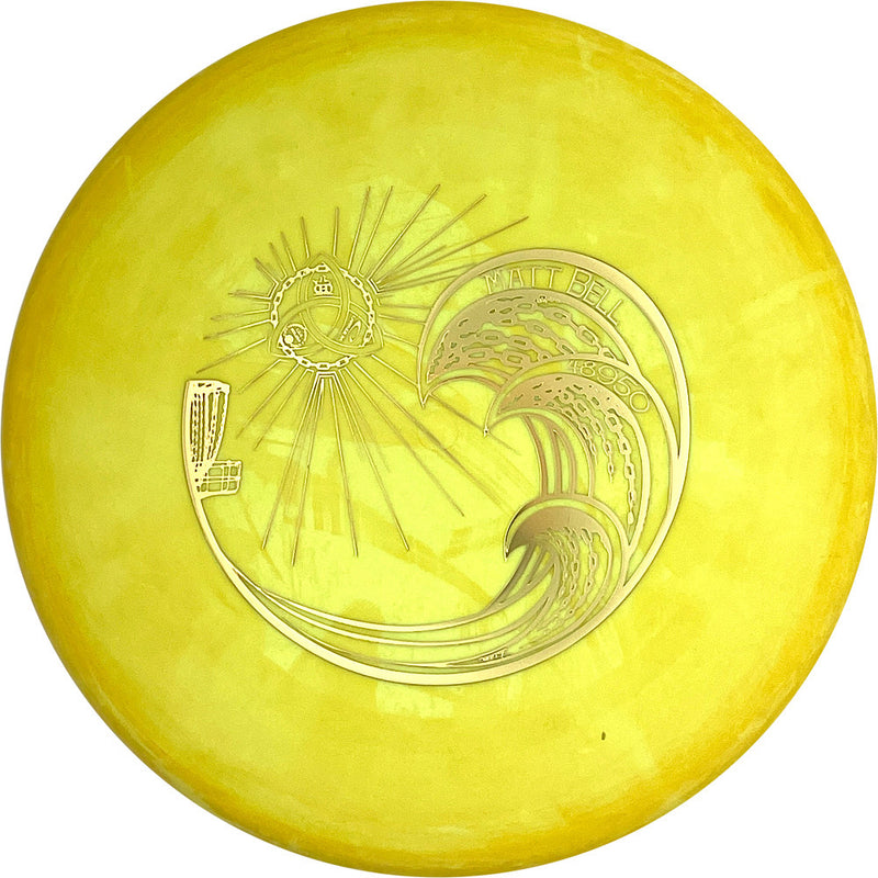 Dynamic Discs Classic Blend Warden putt & approach disc, Matt Bell Trilogy Tour Stamp Chain Waves stamp, yellow disc