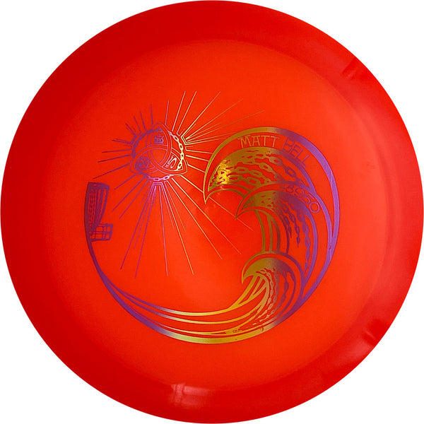 Dynamic Discs Lucid Defender driver disc, Matt Bell Trilogy Tour Stamp Chain Waves stamp, orange disc