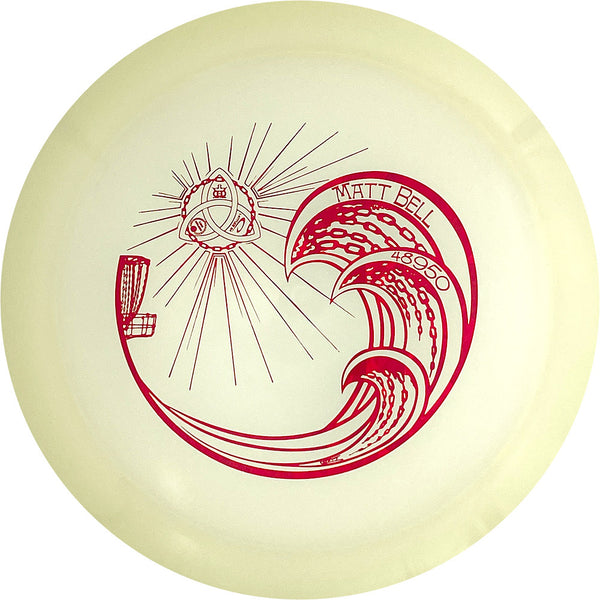 Dynamic Discs Lucid Moonshine Enforcer driver disc, Matt Bell Trilogy Tour Stamp Chain Waves stamp, clear disc