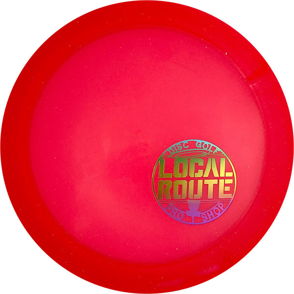 Dynamic Discs Lucid Raider driver disc, Local Route "In the Circle" Mini Stamp stamp, dark pink disc