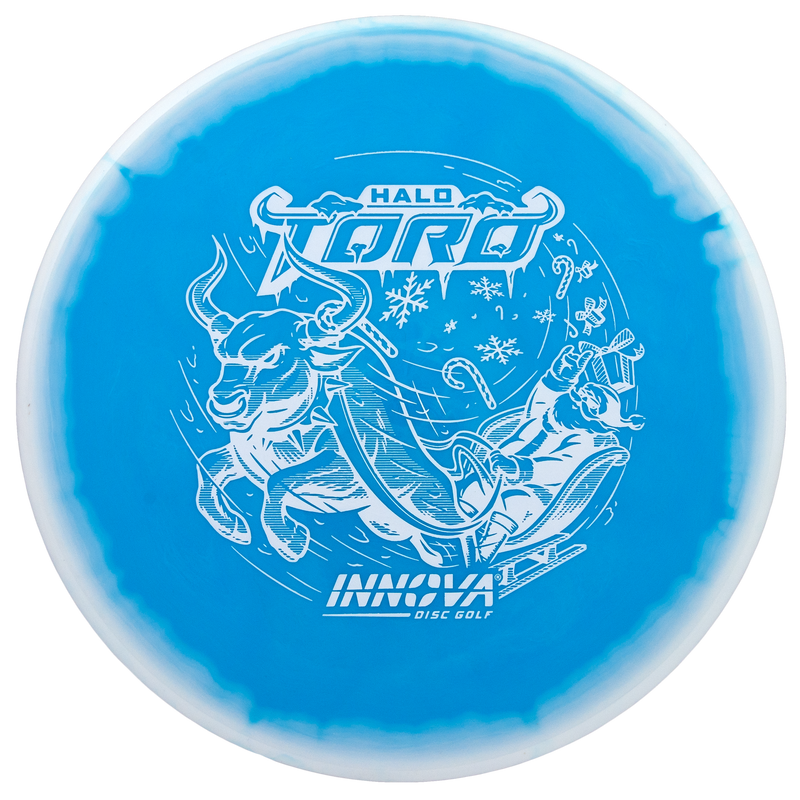 Innova Halo Star Calvin Heimburg Toro midrange disc, 2024 Christmas Toro Sleigh stamp, blue disc with white rim