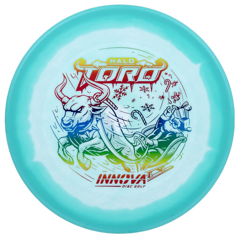 Innova Halo Star Calvin Heimburg Toro midrange disc, 2024 Christmas Toro Sleigh stamp, white and light blue disc with light blue rim