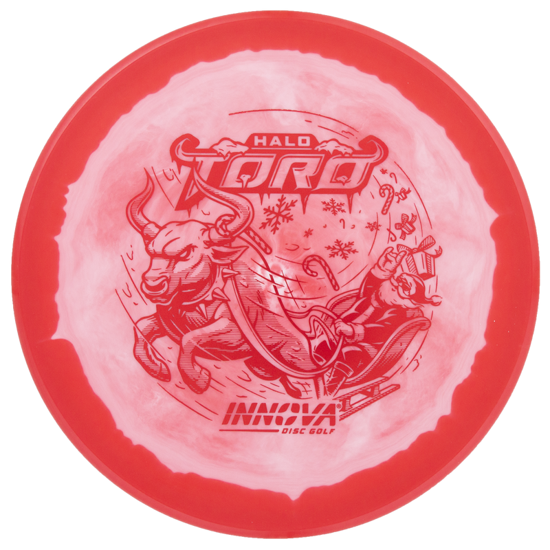 Innova Halo Star Calvin Heimburg Toro midrange disc, 2024 Christmas Toro Sleigh stamp, white and light red disc with red rim