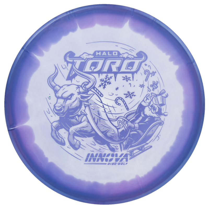 Innova Halo Star Calvin Heimburg Toro midrange disc, 2024 Christmas Toro Sleigh stamp, white disc with purple rim