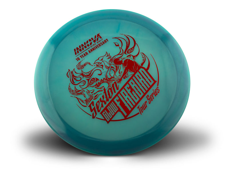 Innova Proto Glow Champion Firebird driver disc, Nate Sexton Tour Series 10 Year Anniversary stamp, blue disc