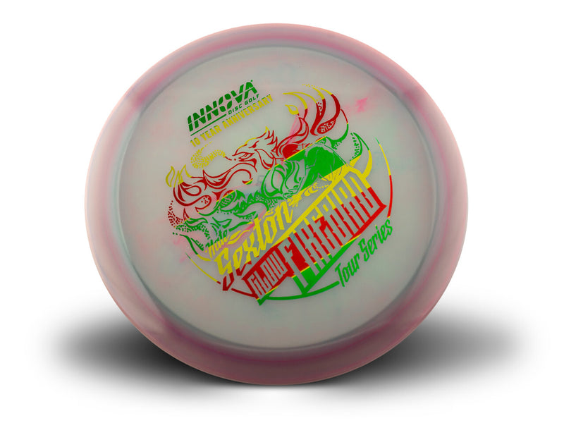 Innova Proto Glow Champion Firebird driver disc, Nate Sexton Tour Series 10 Year Anniversary stamp, light red disc