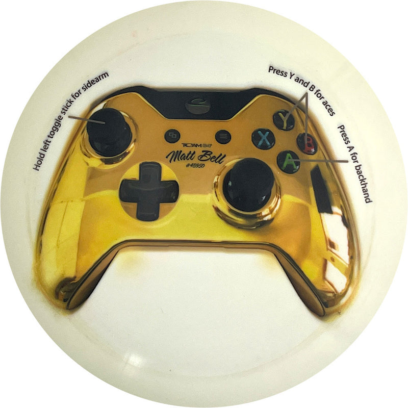 Latitude 64 Gold Culverin driver disc, Matt Bell Game Controller Decodye stamp, white disc