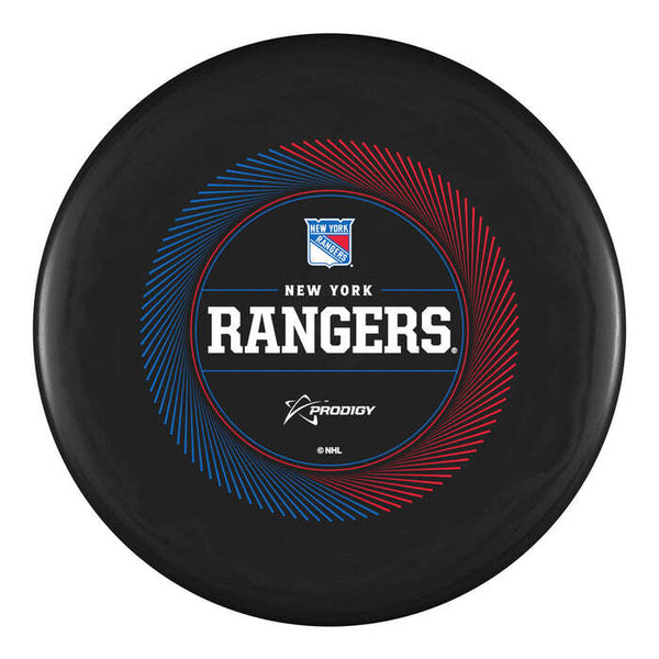 Prodigy ACE Line BaseGrip P Model S putt & approach disc, NHL Spin-O-Rama "New York Rangers" stamp, black disc