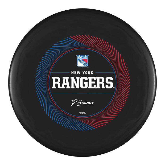 Prodigy ACE Line BaseGrip P Model S putt & approach disc, NHL Spin-O-Rama "New York Rangers" stamp, black disc