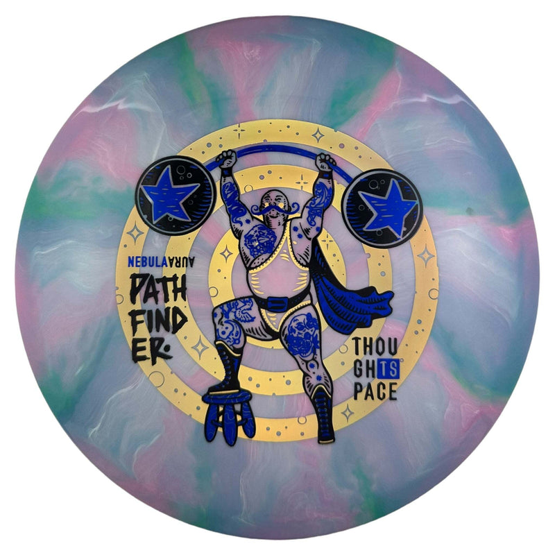 Thought Space Athletics Nebula Aura Pathfinder midrange disc, Strongman stamp, teal and dark pink disc