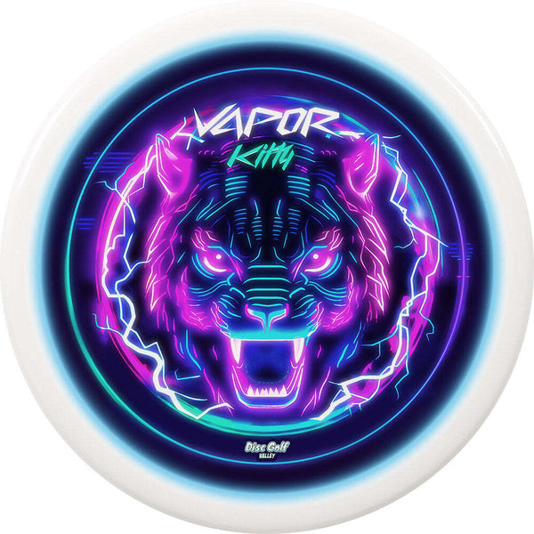 Westside Discs Tournament Bear fairway driver disc, DyeMax Vapor Kitty Disc Golf Valley stamp, white disc