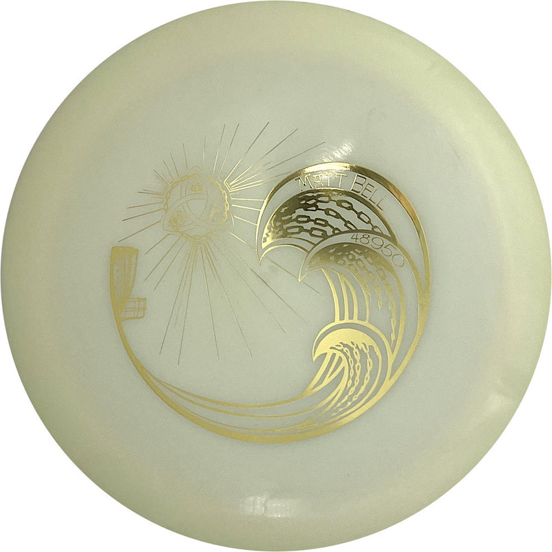 Westside Discs VIP Catapult driver disc, Matt Bell Trilogy Tour Stamp Chain Waves stamp, white disc