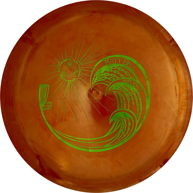 Westside Discs VIP Longbowman driver disc, Matt Bell Trilogy Tour Stamp Chain Waves stamp, red disc